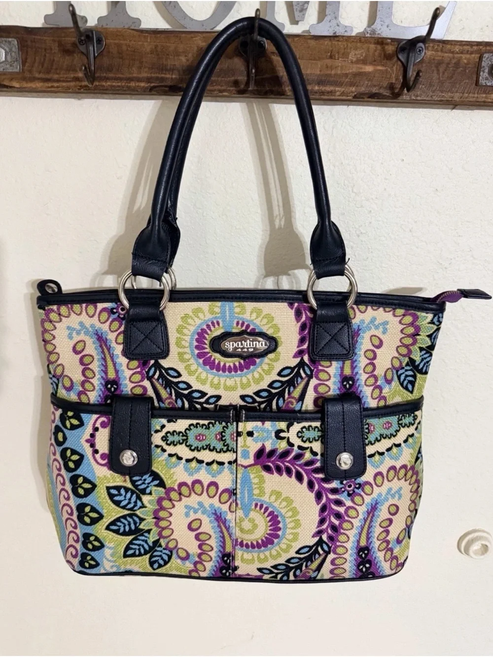 Spartina 449 Paisley Tote with Black Handles - Cream, Purple, Blue, Green